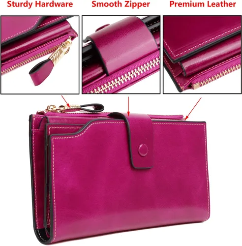 Miniatura 6 de YALUXE Cartera de piel auténtica para mujer, con bloqueo RFID, tarjetero múltiple con bolsillo para teléfono celular