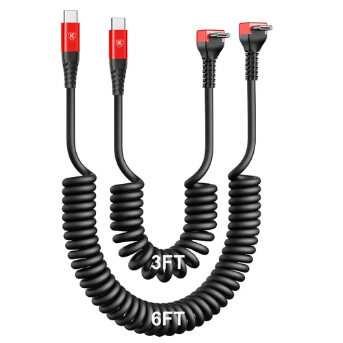 Miniatura 21 de Cable USB A a USB C de 90 grados, paquete de 2 cables USB tipo C en espiral de 3 pies para automóvil, cable de carga rápida USB-C compatible