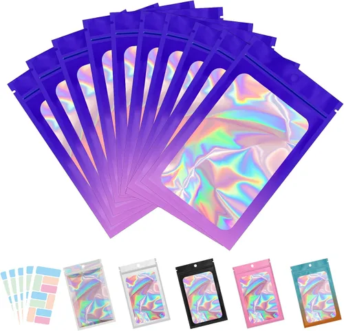 Miniatura 9 de Paquete de 100 bolsas de Mylar con ventana transparente, holográficas, a prueba de olores, para pequeñas empresas, bolsas resellables