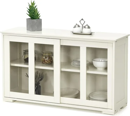 NAFORT Aparador de madera con puertas correderas, mesa de consola de almacenamiento de cocina, barra de café con estante ajustable para sala de