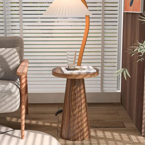 Pequeña mesa auxiliar redonda con pedestal, mesa auxiliar de madera para sala de estar, mesa de bebidas acanalada para espacios pequeños, mesa Nogal