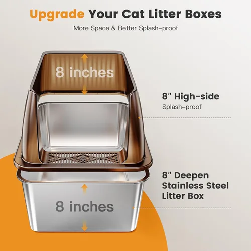 Miniatura 3 de Tripamin Caja de arena para gatos de acero inoxidable XL de 15 pulgadas, lados altos XXL de acero inoxidable con tapa, caja de arena de metal