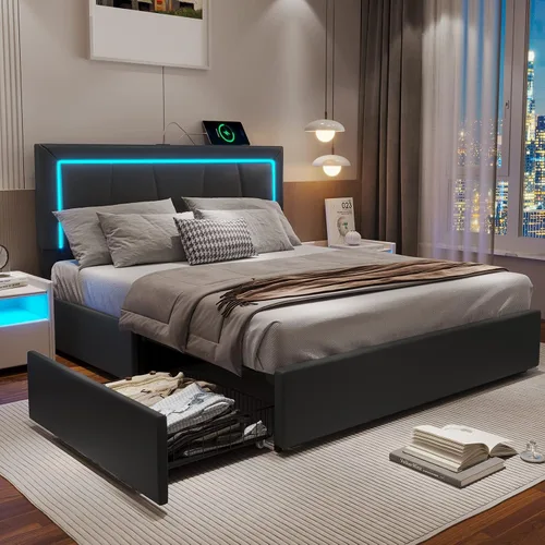 Miniatura 8 de Hasuit Marco de cama Full con 4 cajones de almacenamiento debajo, cama de plataforma tapizada tamaño Full con cabecera de cuero artificial, cama