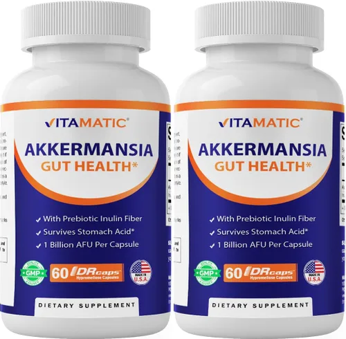 Vitamatic Akkermansia Muciniphila Gut Health - 60 cápsulas DR (liberación retardada) - Hecho con fibra de inulina prebiótica - Paquete de 2 (120