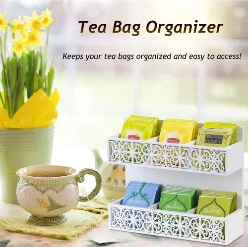 Miniatura 5 de Organizador de bolsas de té de madera de 2 niveles, soporte para bolsas de té montadas en la pared, organizador de bolsas de té, cofres de té