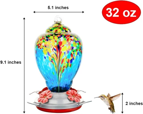 Miniatura 6 de WOSIBO Comedero para colibríes para exteriores, patio, grande, 32 onzas, comedero para colibríes de vidrio soplado a mano colorido con foso