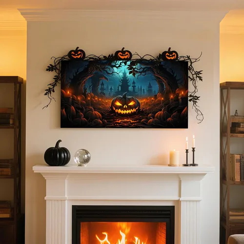 Miniatura 3 de YONICA Lienzo decorativo para pared de Halloween para sala de estar, decoración del hogar, calabaza de Halloween sobre lienzo de alta definición