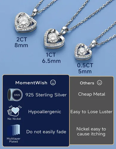 Miniatura 5 de MomentWish Collar de corazón para mujer, moissanita, diamante de imitación, plata de ley 925