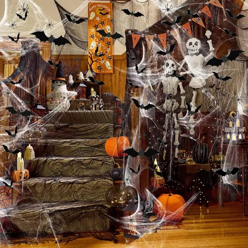 Miniatura 6 de Famoby 1200 pies cuadrados de telarañas de Halloween y 120 murciélagos falsos y 50 arañas falsas, telarañas superelásticas para decorar fiestas