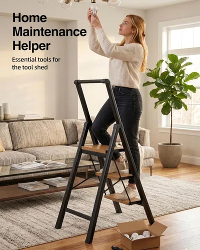 Miniatura 6 de Escalera de 3 escalones, taburete plegable con pedal ancho de aluminio y cómodo agarre, escalera de acero de capacidad de 330 libras para el hogar