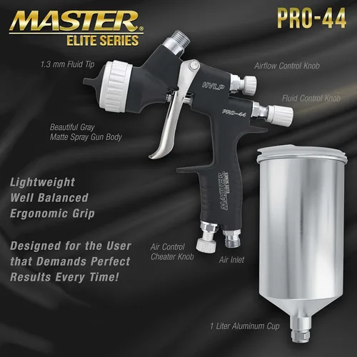 Miniatura 3 de Master Pro 44 Series - Pistola de pulverización HVLP de alto rendimiento con punta de 0.051 pulgadas con regulador de presión de aire, ideal