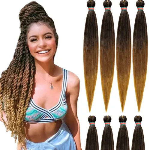 Miniatura 32 de Extensiones de cabello para trenzar verde+verde claro, preestiradas, 2 paquetes, con cabello plumoso pre-trenzado, extensiones de cabello
