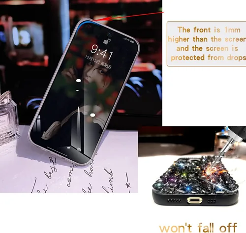 Miniatura 5 de Funda para iPhone 13 Pro para mujer (6.1 pulgadas), funda de lujo muy brillante con purpurina 3D con diamantes de imitación de cristal brillante