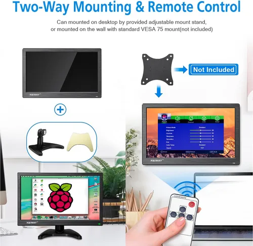 Miniatura 6 de Haiway Monitor de seguridad de 14 pulgadas, resolución de 1366 x 768, monitor de PC pequeño con altavoces integrados con puertos HDMI/VGA/BNC/AV