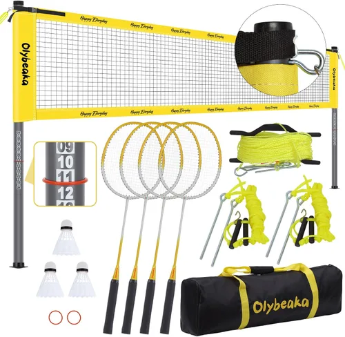 Juego de bádminton para exteriores de 20 pies con red para patio trasero, césped, playa, sistema de red de bádminton portátil con 4 raquetas de