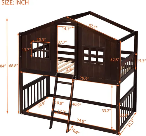 Miniatura 2 de JIVOIT Litera de casa, litera de tamaño individual sobre individual con escalera, litera de madera con barandillas en forma de techo, ventana