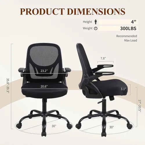 Miniatura 3 de Silla de escritorio para computadora de oficina en casa, silla de trabajo ergonómica de malla de altura ajustable con ruedas, cojín grueso, Negro