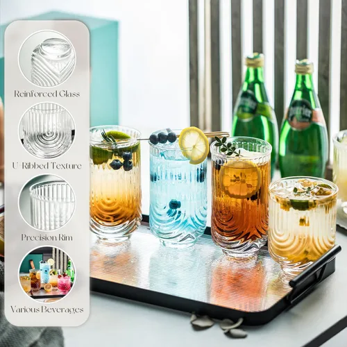 Miniatura 3 de Vasos de cóctel Art Deco, juego de vasos acanalados de 8,14 onzas y vasos de cóctel de 12 onzas, vasos de agua de cocina, vaso de bar, juego