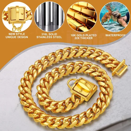 Miniatura 4 de Collar de cadena para perro, collar de cadena de oro de 0.555 pulgadas con eslabones cubanos de 0.55 pulgadas, con hebilla de cierre segura, cadena