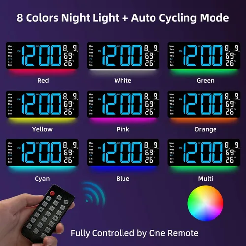 Miniatura 5 de Reloj de pared digital de 17.5 pulgadas, pantalla LED con hora, fecha, mes, temperatura y humedad, control remoto DST, alarma, temporizador, brillo