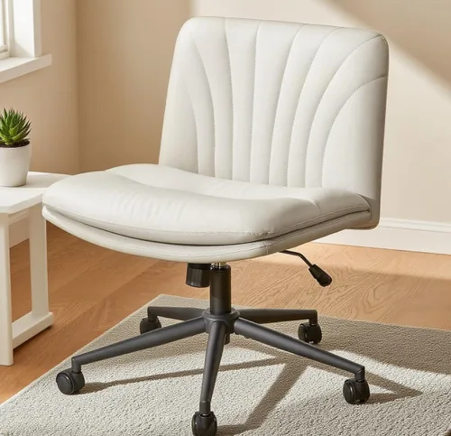 Marsail Silla de escritorio sin brazos con ruedas: Silla amplia de cuero PU con piernas cruzadas, sillas de tarea giratorias ajustables y cómodas