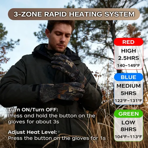Miniatura 3 de Guantes de caza con calefacción para hombre, guantes térmicos eléctricos recargables de invierno, guantes térmicos de camuflaje para caza, guantes