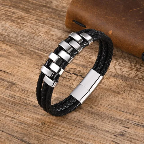 Miniatura 3 de XUANPAI - Pulseras personalizadas para hombre, pulseras de acero inoxidable para hombre, pulseras de cuero trenzado con 1-9 nombres grabados