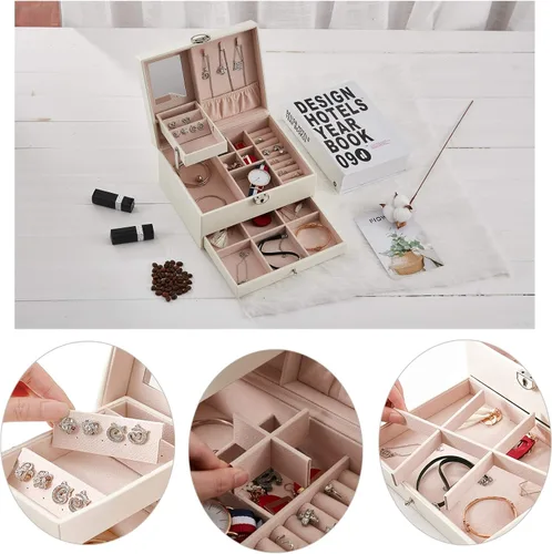Miniatura 4 de goldwheat Joyero organizador de cuero de dos capas con espejo de cerradura para mujeres y niñas, estuche de viaje, almacenamiento de exhibición