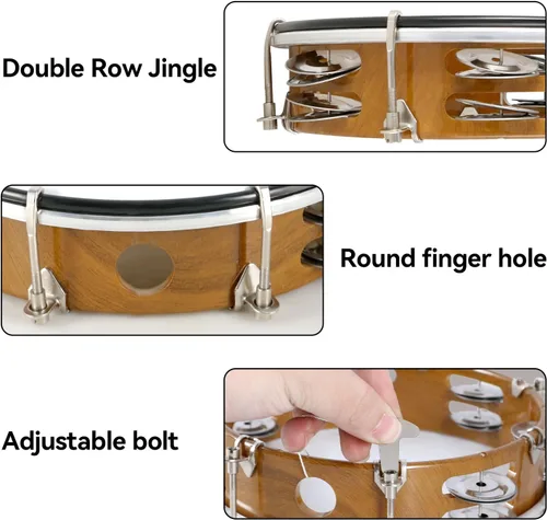 Miniatura 4 de EASTROCK - Pandereta de 8 pulgadas ajustable para adultos, pandereta de plástico de mano con doble fila de cascabeles de metal, instrumento musical