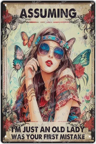 Letrero de metal vintage con texto en inglés «Assuming I'm Just An Old Lady», decoración bohemia hippie bohemia, póster divertido de decoración de