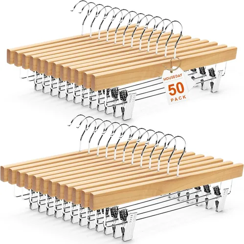 Miniatura 14 de HOUSE DAY Paquete de 25 perchas de madera de alta calidad para pantalones, perchas de falda de madera de loto maciza con 2 clips ajustables, Blanco