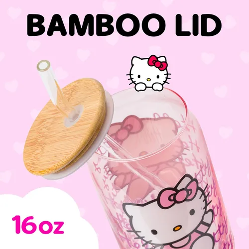 Miniatura 3 de Silver Buffalo Sanrio - Vaso de vidrio rosa con tapa de bambú y sorbete de vidrio de Hello Kitty, 16 onzas Hello Kitty Agitando