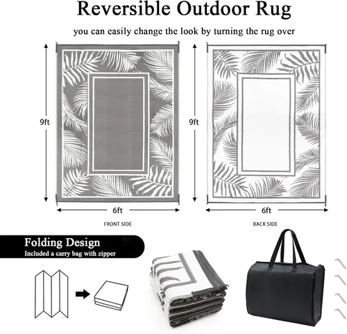 Miniatura 2 de Bsmathom Alfombra impermeable para exterior de 6'x9' reversible de pajita de plástico estilo boho para patio, terraza, camping, alfombras, portátil