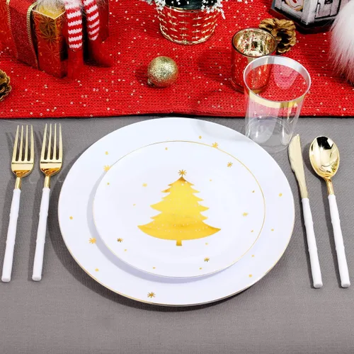 Miniatura 4 de WDF 50 Piezas Platos de Plástico Dorados - Platos de Plástico de Árbol de Navidad - Platos Desechables Pesados Blancos y Dorados para Navidad Oro