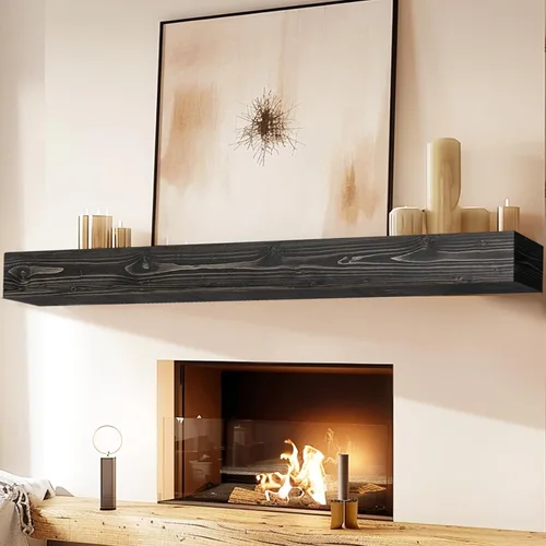 Miniatura 43 de Repisa de chimenea de 48 pulgadas, madera maciza rústica hecha a mano de 3 pulgadas de grosor, estante flotante largo de pared con soporte de metal