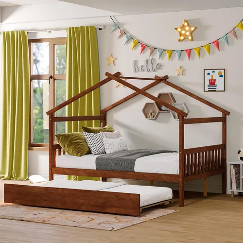 Miniatura 12 de Cama individual de casa con nido para niños, cama individual de madera con techo, marco de cama de plataforma de tamaño individual, cama con dosel
