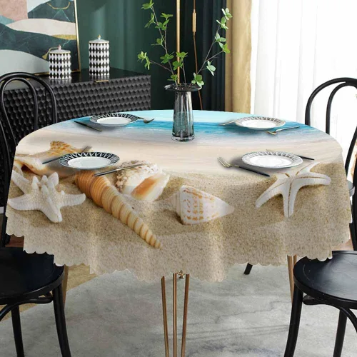 Miniatura 2 de AOYEGO Mantel redondo de 60 pulgadas con diseño de concha de playa tropical oceánica, estrella de mar, cielo arena, mantel de poliéster para Conchas
