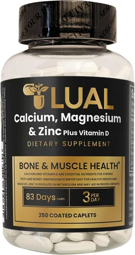 Calcio, magnesio, zinc y vitamina D3. LUAL Calcio, magnesio y zinc con vitamina D - Suplemento de apoyo óseo y muscular para adultos, suplemento
