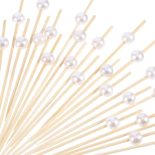 Miniatura 10 de Blulu Paquete de 200 palillos de dientes elegantes para aperitivos, brochetas de cóctel de perlas de 4.7 pulgadas para bebida, palitos con sabor a
