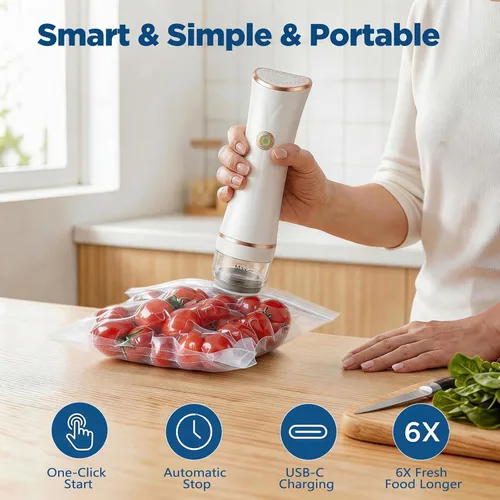 Miniatura 2 de Sellador al vacío compacto para alimentos con tanque visible, máquina selladora al vacío de mano, incluye 30 bolsas reutilizables, sella alimentos 6