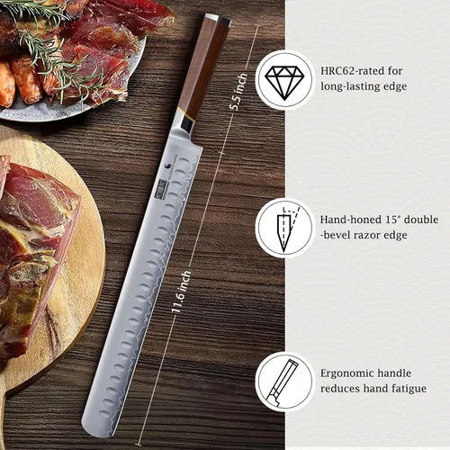 Miniatura 5 de HOSHANHO Cuchillo para Brisket de 12 Pulgadas, Cuchillo de trinchado de acero de alto carbono japonés para corte de carne y BBQ, Cuchillos de corte