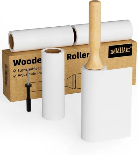 IMMHABI Rodillo de pelusa con mango de madera, repuestos de 6.3 pulgadas, 4 rollos x 90 hojas con herramienta ajustable, removedor de pelo de