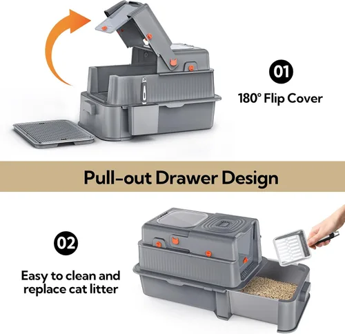 Miniatura 3 de Soulbond Caja de arena de acero inoxidable para gatos con tapa, caja de arena de metal grande cerrada con cajón y puerta abatible para gatos