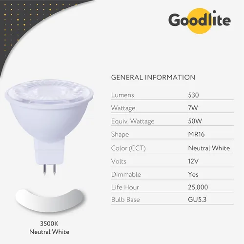Miniatura 4 de Goodlite G-19895 MR16 LED 7 W (reemplazo de 50 vatios), inundación de 40°, CRI90+, 550 lúmenes, bombilla puntual, regulable, listado UL, blanco