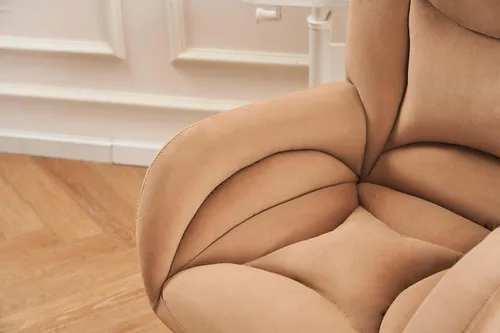 Miniatura 7 de Silla de oficina moderna de terciopelo con base dorada, altura ajustable y giro de 360°, silla de escritorio suave y cómoda con brazos y ruedas