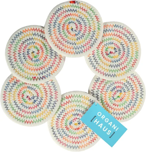 Miniatura 8 de OrganiHaus Juego de 6 posavasos de algodón absorbente, decoración rústica de estilo bohemio para mesa de café y protección de bebidas, posavasos