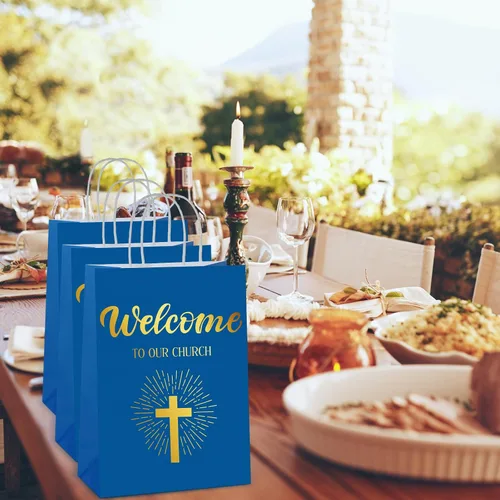 Miniatura 6 de Chuangdi 50 bolsas de regalo de bienvenida a la iglesia, bolsas de papel cristiano con asas para invitados, día de la madre, baby shower, Azul