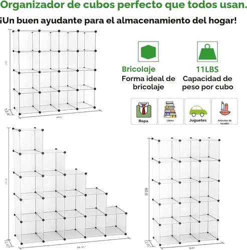 Miniatura 3 de C&AHOME Organizador de almacenamiento de cubos, estantes de 16 cubos, cubos de almacenamiento de plástico, organizador de armario de bricolaje