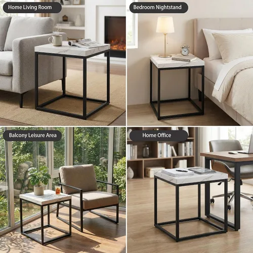 Miniatura 4 de CENSI - Mesa auxiliar/mesa auxiliar de mármol blanco de 18 pulgadas Parte superior de madera extragruesa de 1.6 pulgadas, diseño industrial