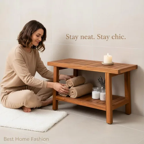 Miniatura 2 de Best Home Fashion Mesa de banco de ducha de teca con estante, mesa auxiliar grande para baño y spa, 14 pulgadas de ancho x 30 pulgadas de largo x 18